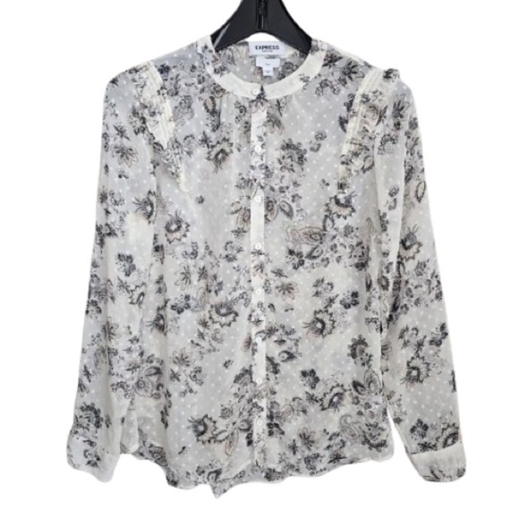 Express Portofino Shirt. Size Medium - Off White Sheer Button Floral Slim Fit - Picture 3 of 8